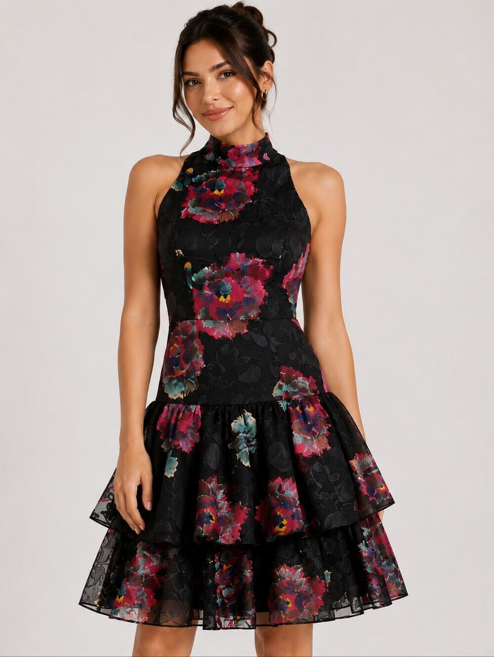 Vintage Cachet Bari Protas Floral Organza Cocktail Dress Open Back Tiered Ruffle